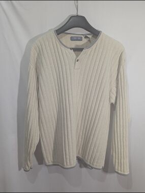 Oversized Women’s Structure Cream Gray Knit Henley Sweater Ramie Cotton Large